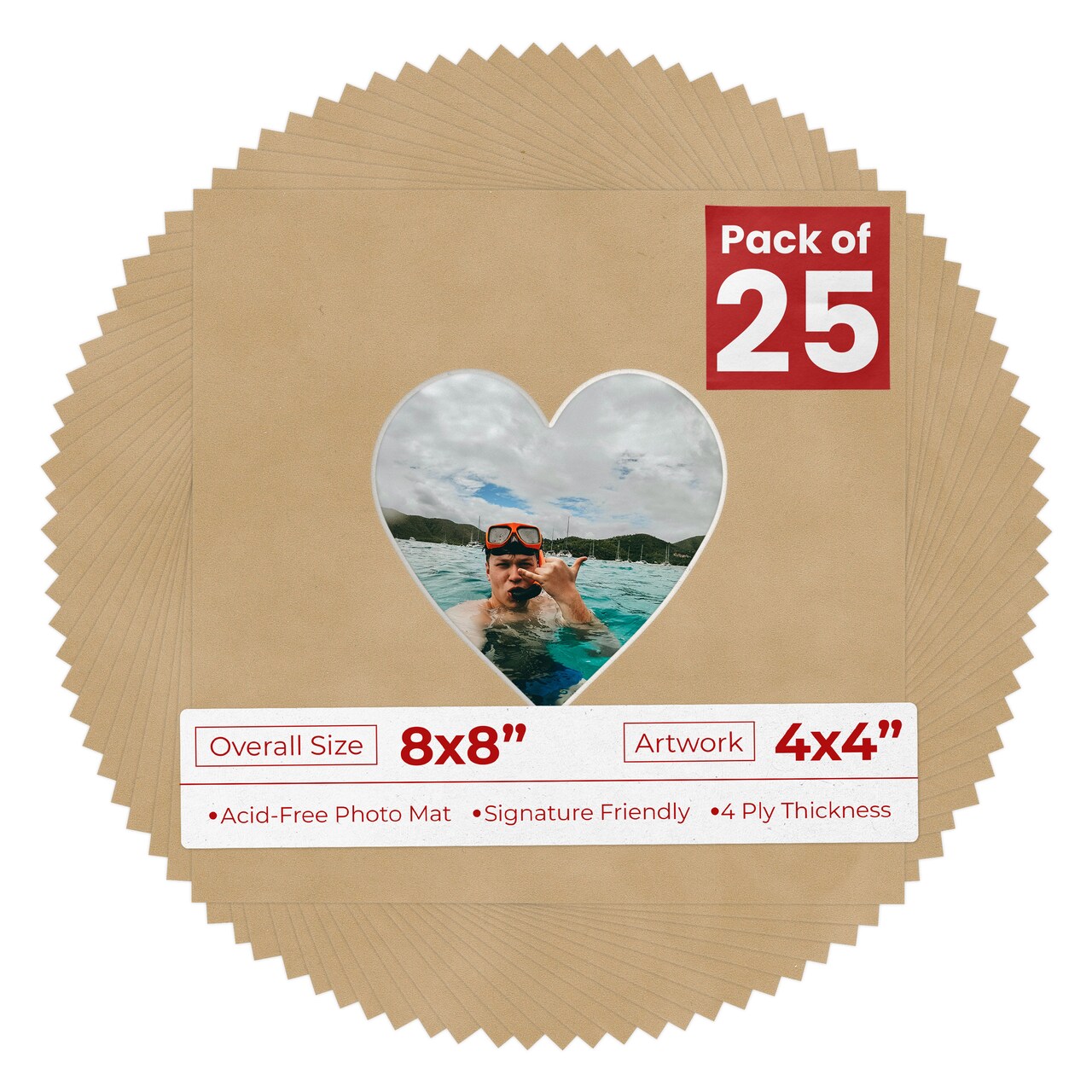 Beige Suede Mat Board for 8x8 Frames - Heart Opening for 4x4 Photos